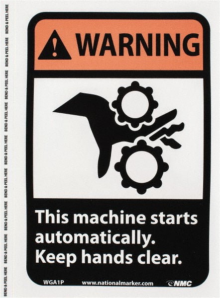 This machine starts automatically. Keep hands clear. Sign - AccuformNMC WGA1P