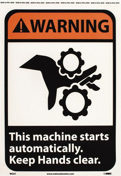 This machine starts automatically. Keep hands clear. Sign - AccuformNMC WGA1PB