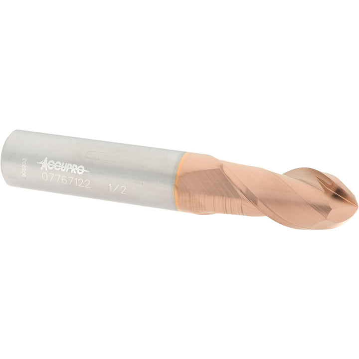 1/2" 2-Flute Solid Carbide Ball End Mill, TiCN - Accupro 12184032