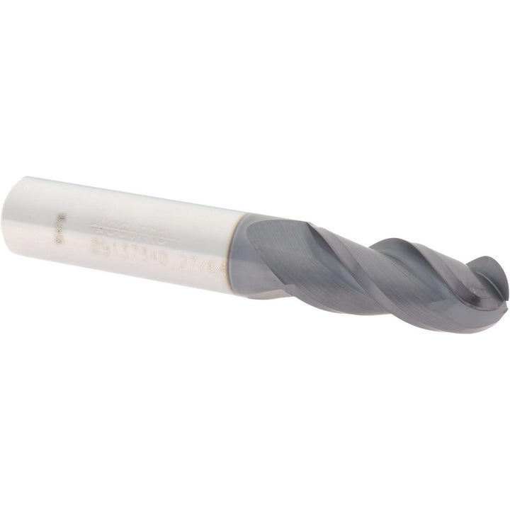 27/64" 3-Flute Solid Carbide Ball End Mill, AlTiN - Accupro 12184384