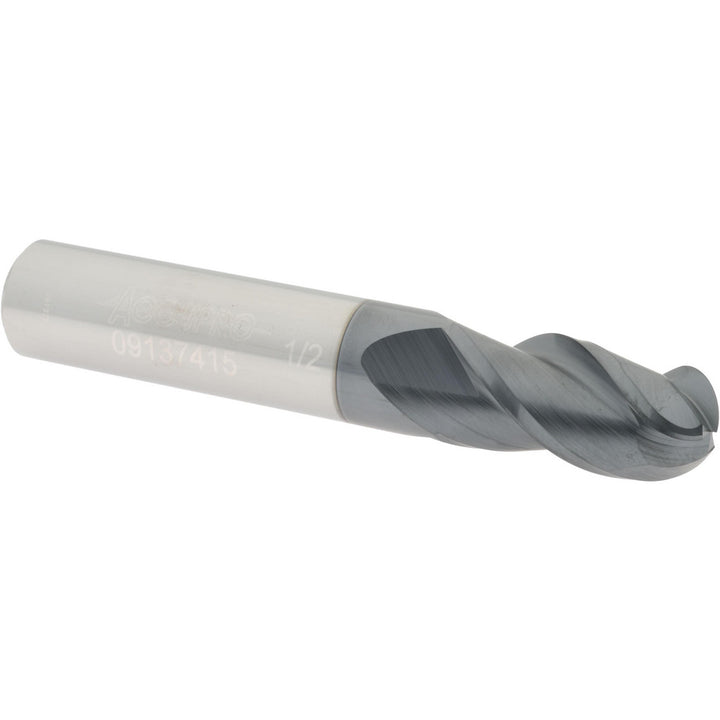 1/2" 3-Flute Solid Carbide Ball End Mill, AlTiN - Accupro 12184399