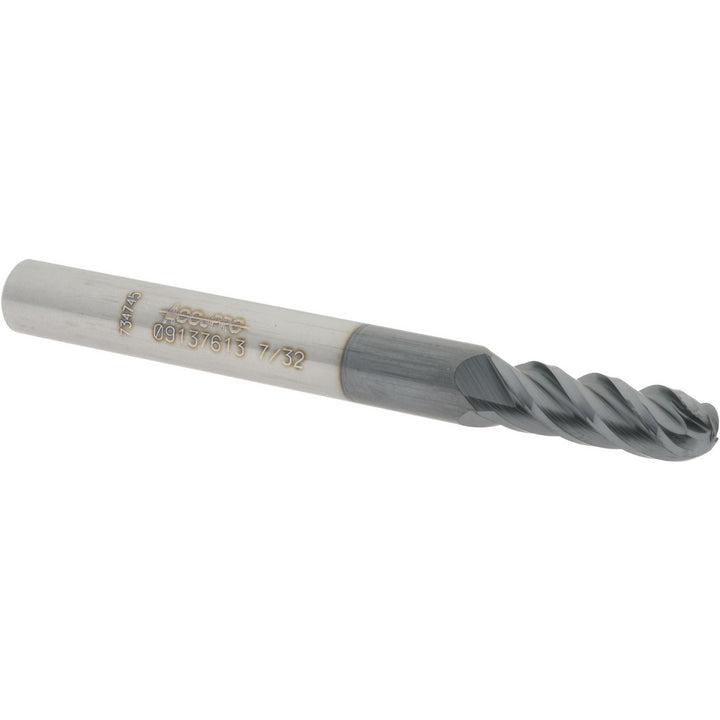 7/32" 4-Flute Solid Carbide Ball End Mill, AlTiN - Accupro 12184609