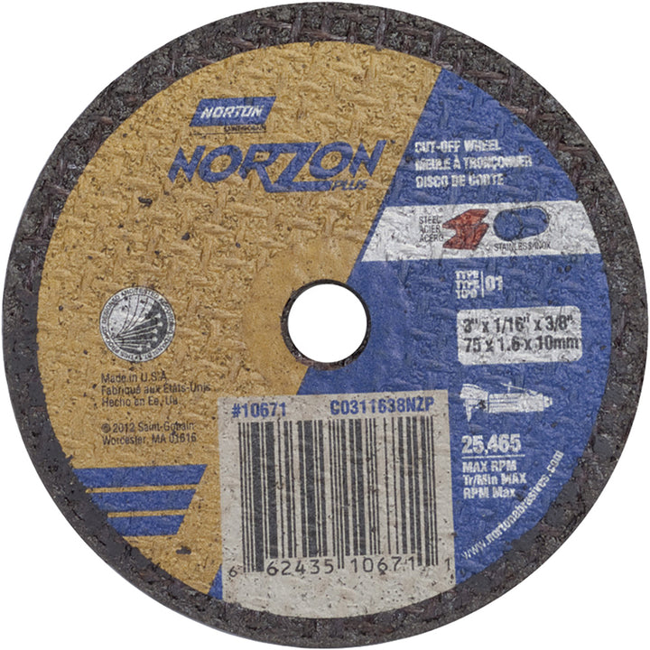 3 x 1/16" Ceramic Alumina Grinding & Cutoff Wheel - Norton 66243510671