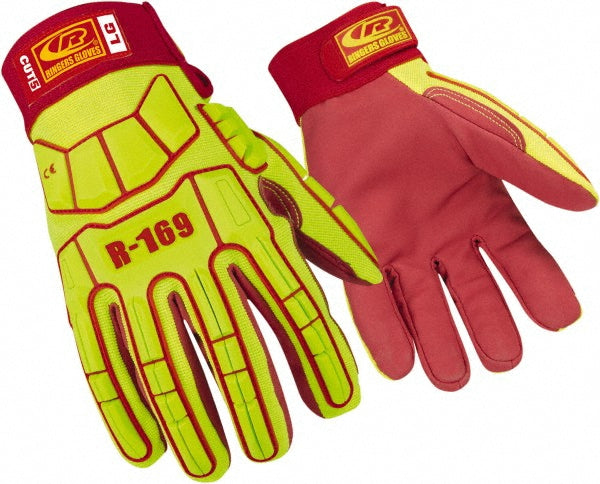 3X-Large High-Visibility Green; High-Visibility Red Leather Cut-Resistant; Impact-Resistant Gloves - Ringers Gloves R169G-13