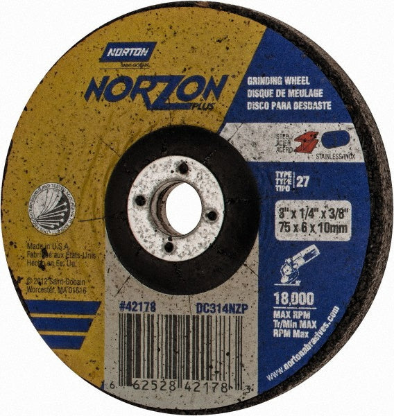 3 x 1/4" 24-Grit Ceramic Alumina Grinding & Cutoff Wheel - Norton 66252842178