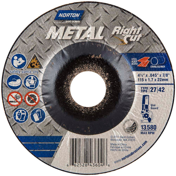 4-1/2" 46-Grit Aluminum Oxide Grinding & Cutoff Wheel - Norton 66252843604