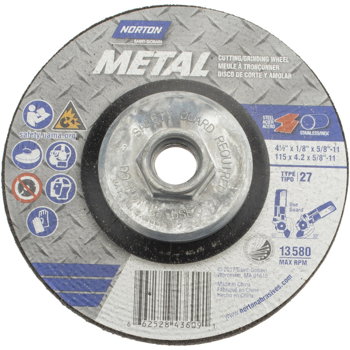 4-1/2 x 1/8" 24-Grit Aluminum Oxide Grinding & Cutoff Wheel - Norton 66252843609
