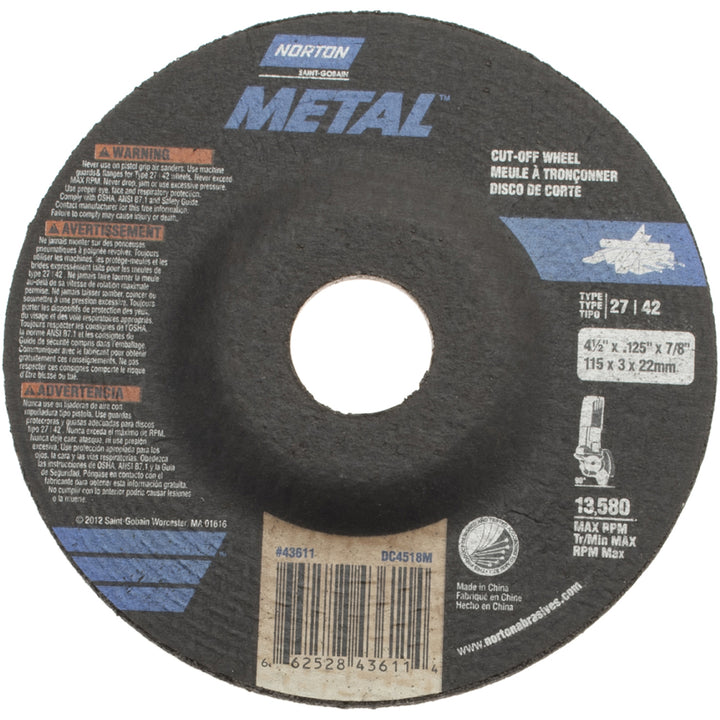 4-1/2 x 1/8" 24-Grit Aluminum Oxide Grinding & Cutoff Wheel - Norton 66252843611