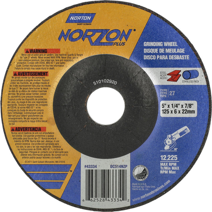 5 x 1/4" 24-Grit Ceramic Alumina Grinding & Cutoff Wheel - Norton 66252843334