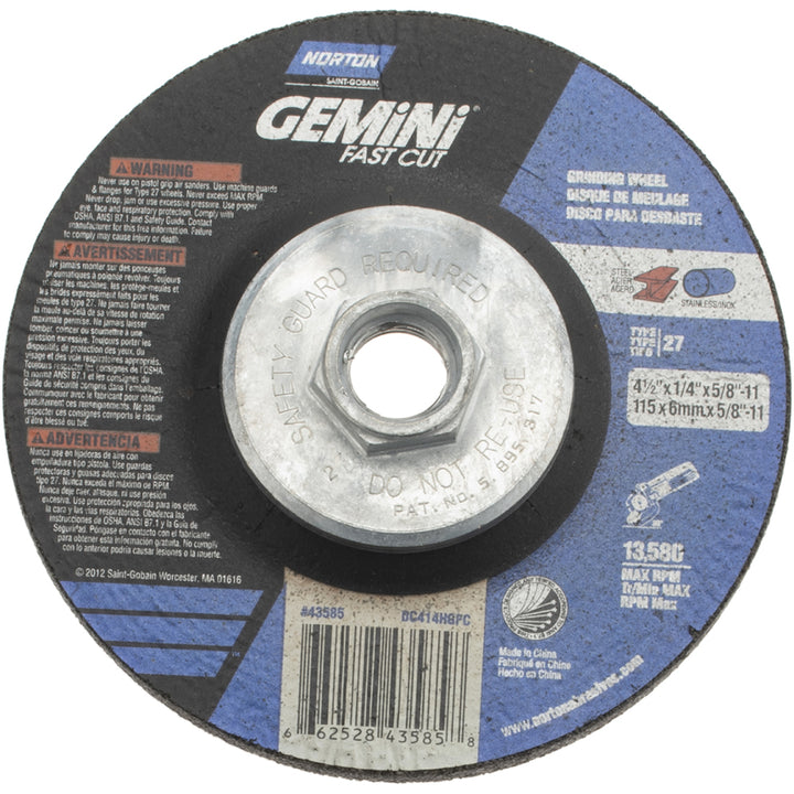 4-1/2 x 1/4" 24-Grit Aluminum Oxide Grinding & Cutoff Wheel - Norton 66252843585