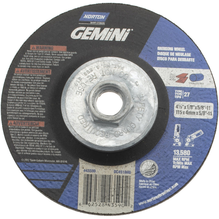 4-1/2 x 1/8" 24-Grit Aluminum Oxide Grinding & Cutoff Wheel - Norton 66252843590