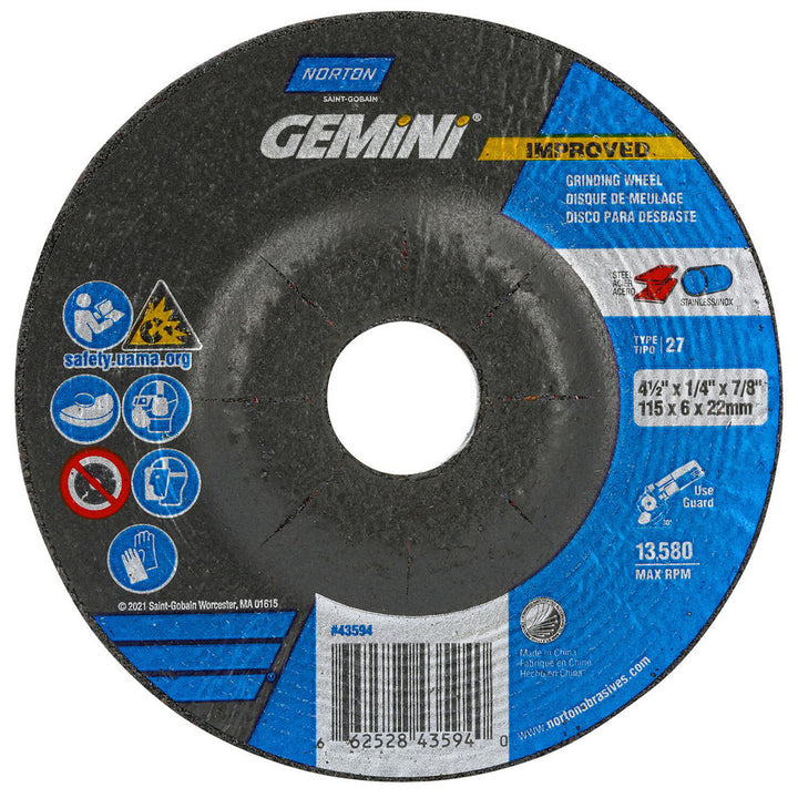 4-1/2 x 1/4" 24-Grit Aluminum Oxide Grinding & Cutoff Wheel - Norton 66252843594