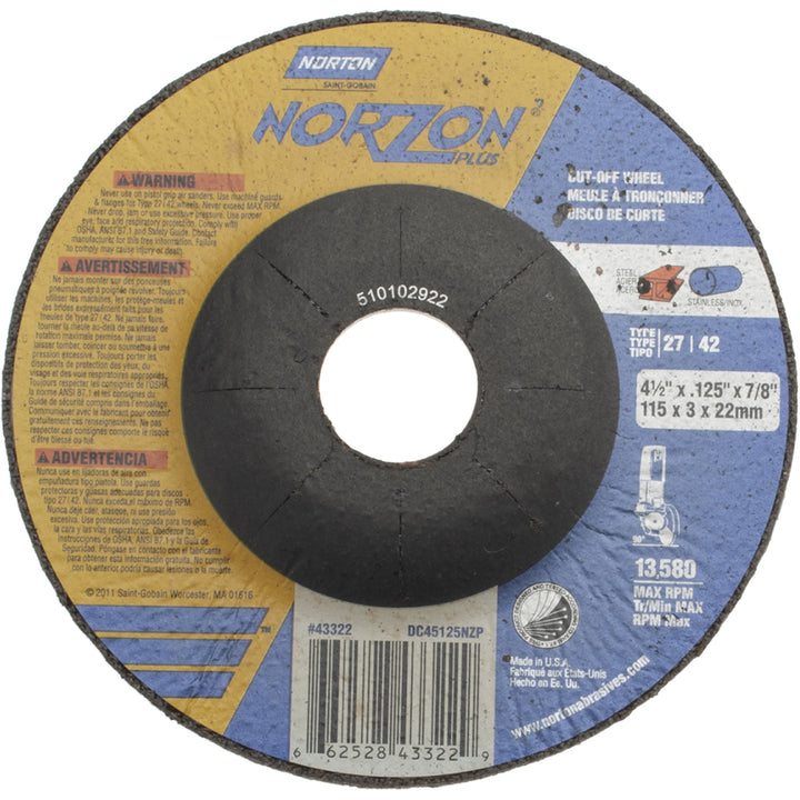4-1/2 x 1/8" 36-Grit Ceramic Alumina Grinding & Cutoff Wheel - Norton 66252843322