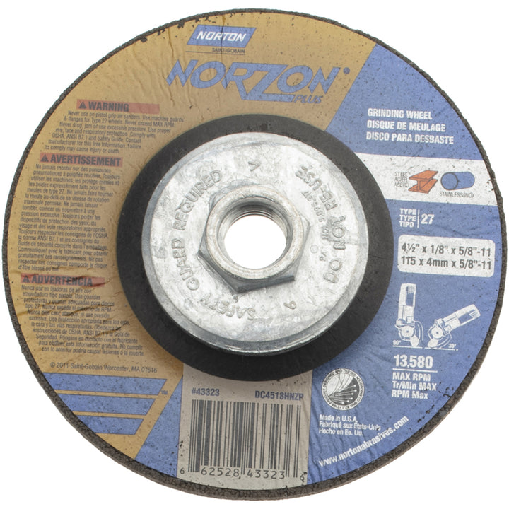 4-1/2 x 1/8" 24-Grit Ceramic Alumina Grinding & Cutoff Wheel - Norton 66252843323