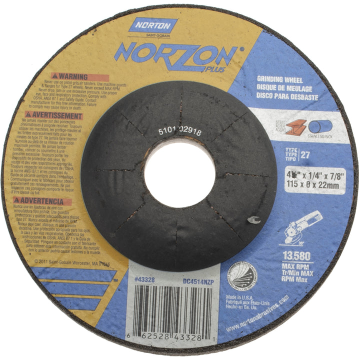 4-1/2 x 1/4" 24-Grit Ceramic Alumina Grinding & Cutoff Wheel - Norton 66252843328