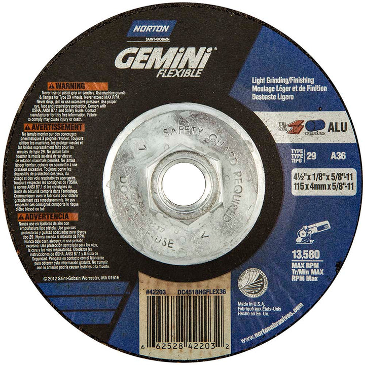 4-1/2 x 1/8" 36-Grit Aluminum Oxide Grinding & Cutoff Wheel - Norton 66252842203