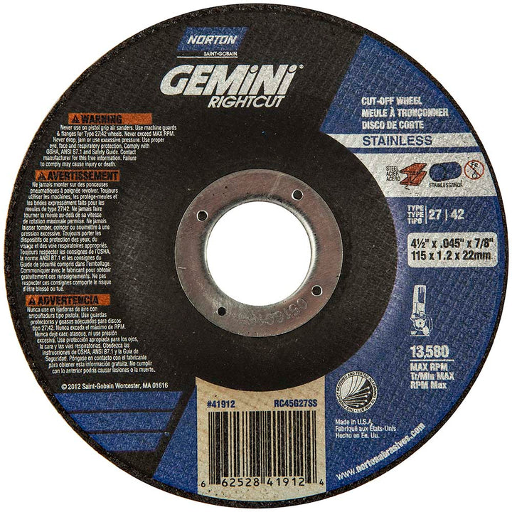 4-1/2" 46-Grit Aluminum Oxide Grinding & Cutoff Wheel - Norton 66252841912