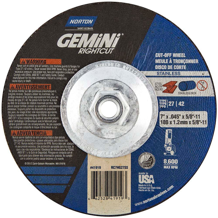 7" 46-Grit Aluminum Oxide Grinding & Cutoff Wheel - Norton 66252841919