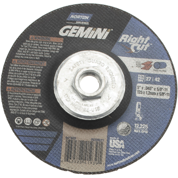 5" 46-Grit Aluminum Oxide Grinding & Cutoff Wheel - Norton 66252841939