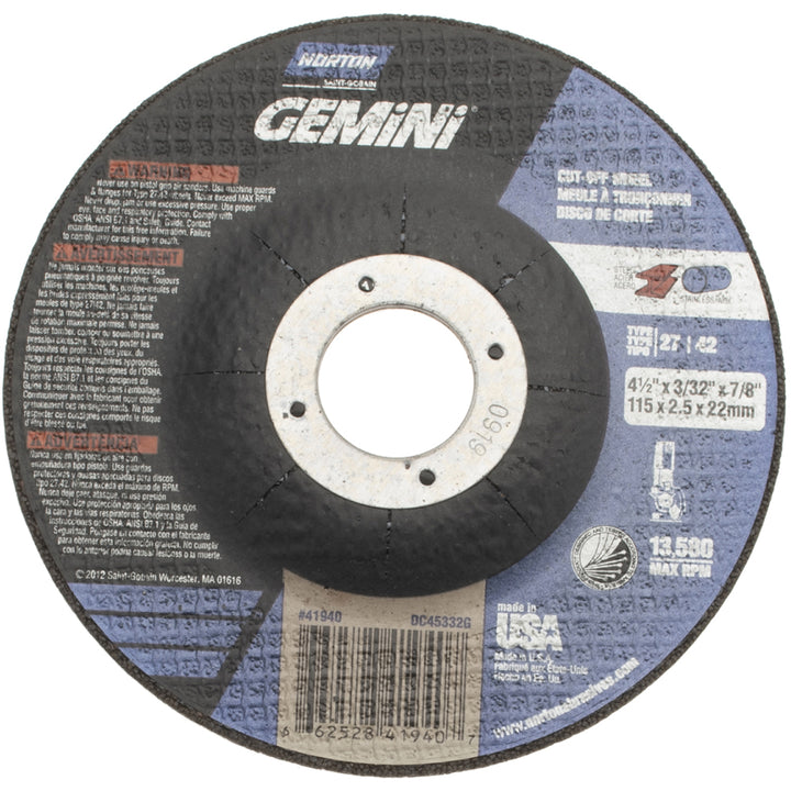 4-1/2 x 3/32" 36-Grit Aluminum Oxide Grinding & Cutoff Wheel - Norton 66252841940