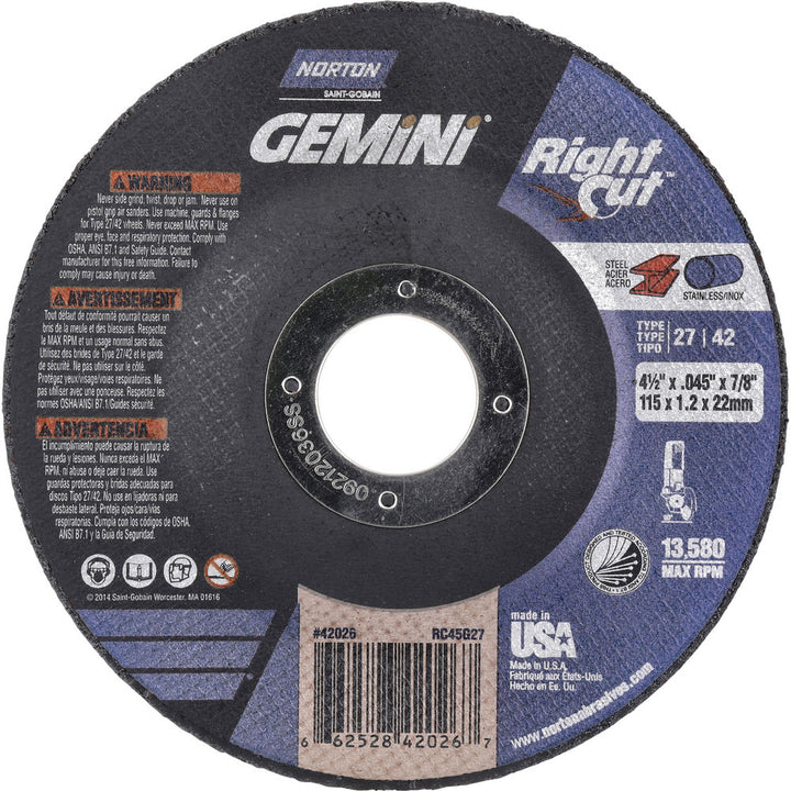 4-1/2" 46-Grit Aluminum Oxide Grinding & Cutoff Wheel - Norton 66252842026