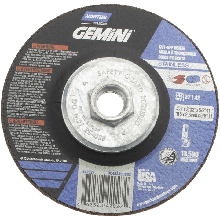 4-1/2 x 3/32" 36-Grit Aluminum Oxide Grinding & Cutoff Wheel - Norton 66252842027