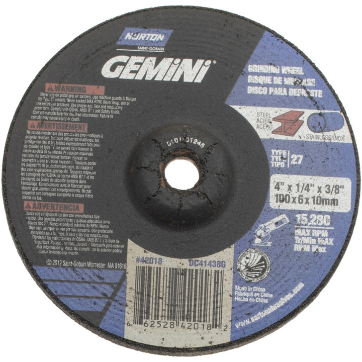 4 x 1/4" 24-Grit Aluminum Oxide Grinding & Cutoff Wheel - Norton 66252842018