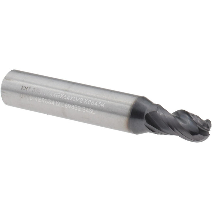 3/16" 3-Flute Solid Carbide Ball End Mill, AlTiN - Kennametal 4169834