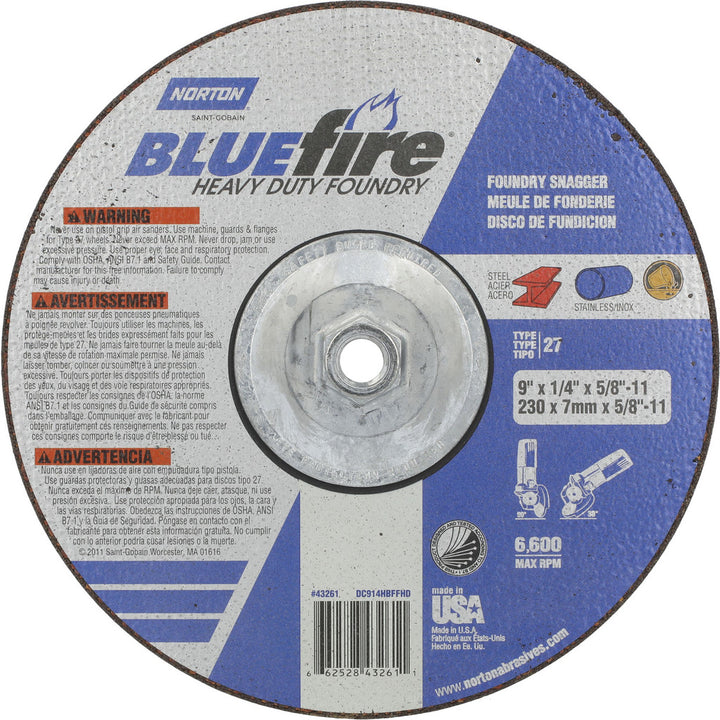 9 x 1/4" 20-Grit Zirconia Alumina; Silicon Carbide Grinding & Cutoff Wheel - Norton 66252843261