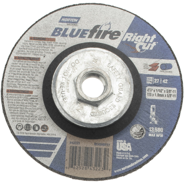 4-1/2 x 1/16" 36-Grit Zirconia Alumina Grinding & Cutoff Wheel - Norton 66252843223