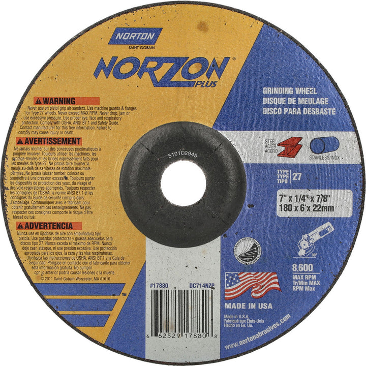 7 x 1/4" 24-Grit Ceramic Alumina Grinding & Cutoff Wheel - Norton 66252917880
