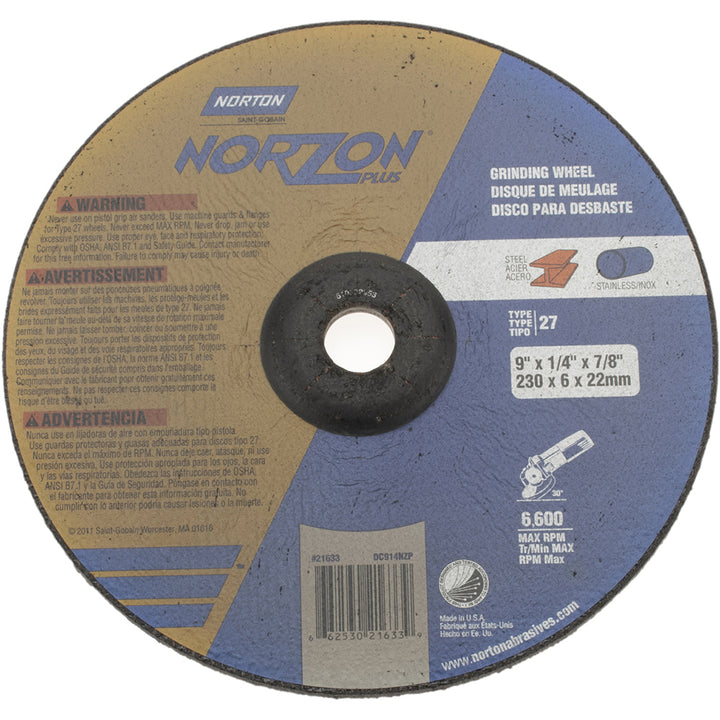 9 x 1/4" 24-Grit Ceramic Alumina Grinding & Cutoff Wheel - Norton 66253021633