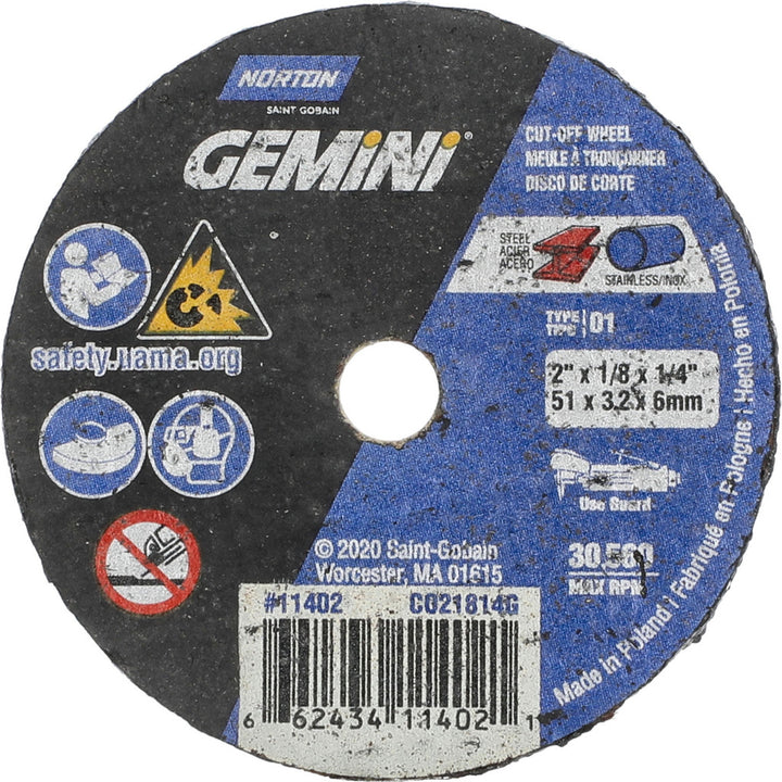2 x 1/8" Aluminum Oxide Grinding & Cutoff Wheel - Norton 66243411402