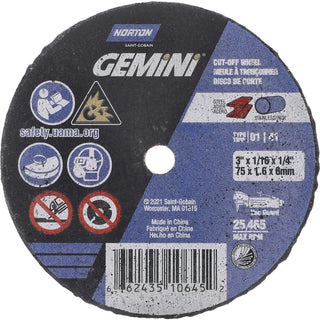 3 x 1/16" Aluminum Oxide Grinding & Cutoff Wheel - Norton 66243510645