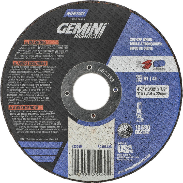 4-1/2 x 3/32" Aluminum Oxide Grinding & Cutoff Wheel - Norton 66252823599