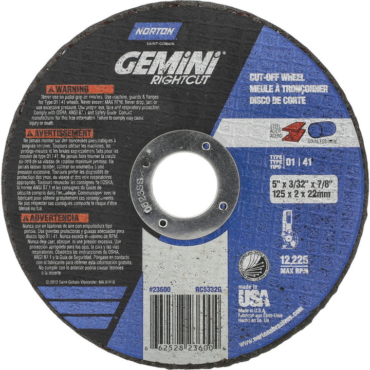 5 x 3/32" Aluminum Oxide Grinding & Cutoff Wheel - Norton 66252823600