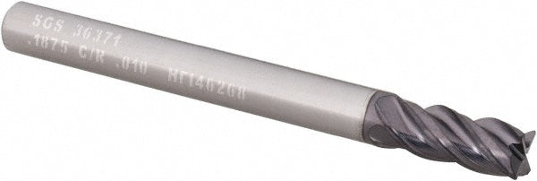 3/16" 4-Flute Solid Carbide Corner Radius End Mill, TX - SGS 36371