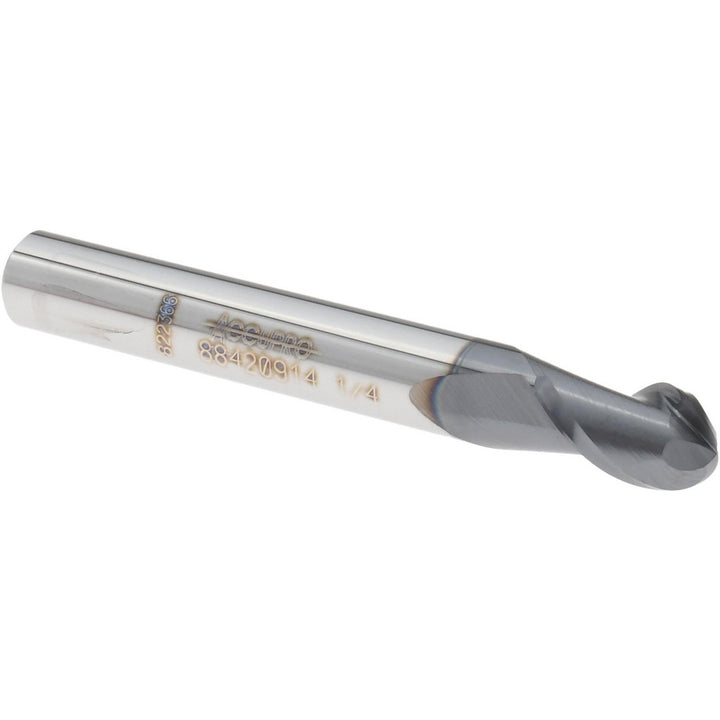 1/4" 2-Flute Solid Carbide Ball End Mill, AlTiN - Accupro 12184129