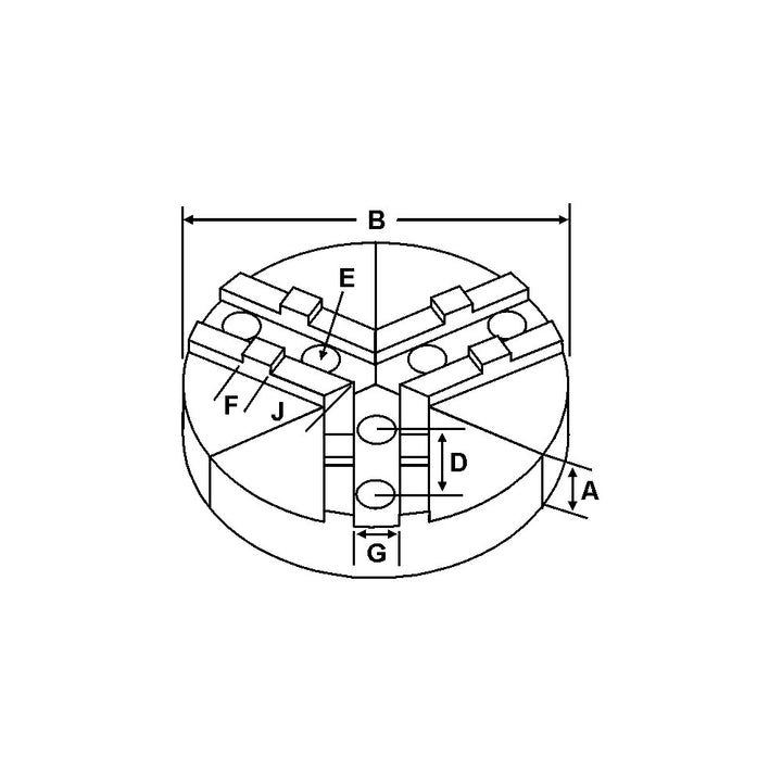 Dimension drawing of ASTG RTG-12400A 12 inch aluminum round soft jaws on a three-jaw chuck, labelled B pie diameter, A height, D hole spacing, E screw size, F tongue width, G groove width, J tongue to front.