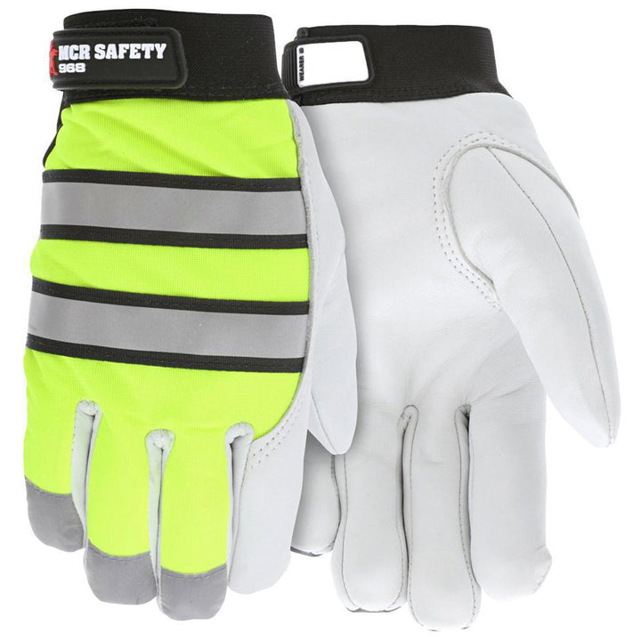 X-Large White; Lime Green Goatskin Leather Mechanic's & Lifting Gloves - MCR Safety 968XL