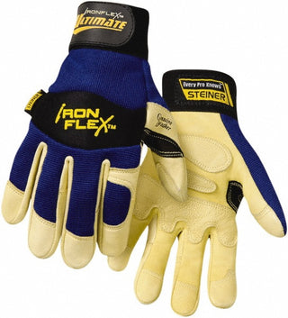 Large Blue; Tan Goatskin Leather Mechanic's & Lifting Gloves - Steiner 0914-L