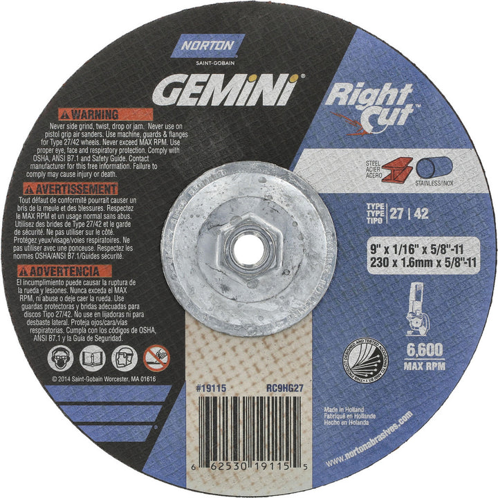 9 x 1/16" Aluminum Oxide Grinding & Cutoff Wheel - Norton 66253019115