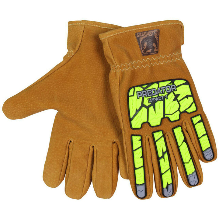 Large Tan; High-Visibility Lime Leather Mechanic's Gloves - MCR Safety PD3430L