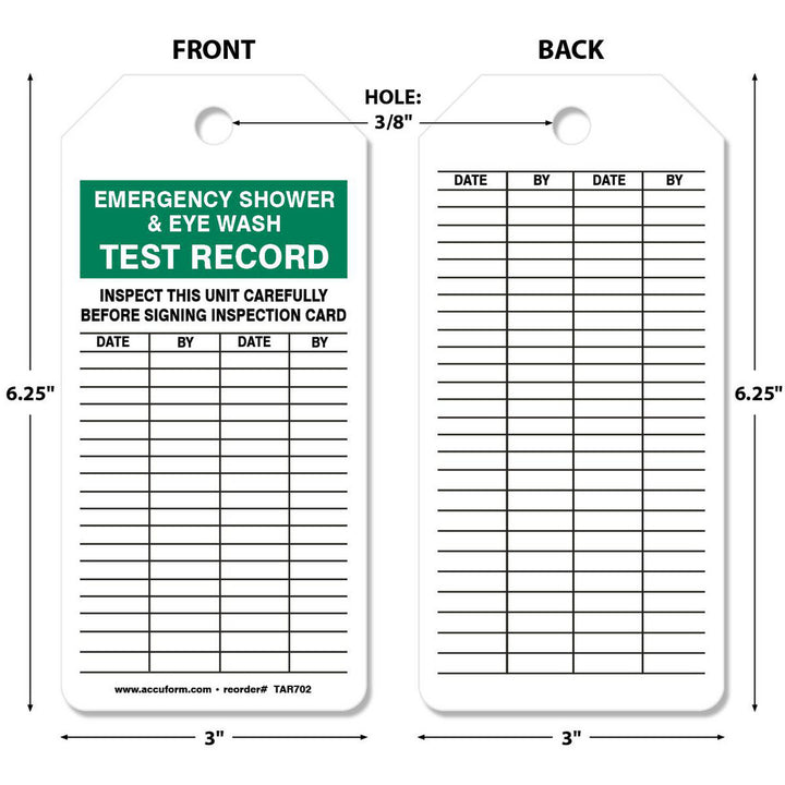 Emergency Shower & Eye Wash Test Record Tag - AccuformNMC TAR702