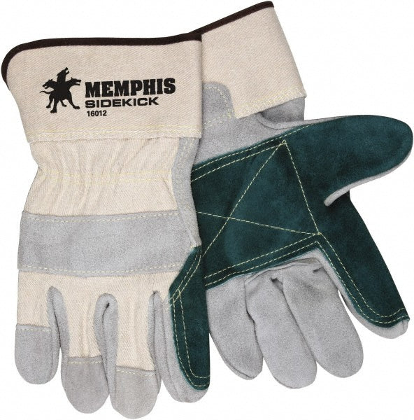 Large Gray; Green Cowhide Leather General Purpose Gloves - MCR Safety 16012L
