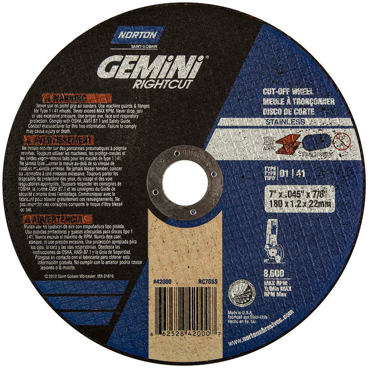 7" Aluminum Oxide Grinding & Cutoff Wheel - Norton 66252842000