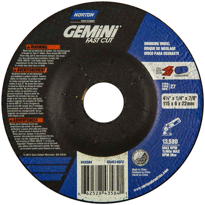 4-1/2 x 1/4" 24-Grit Aluminum Oxide Grinding & Cutoff Wheel - Norton 66252843584