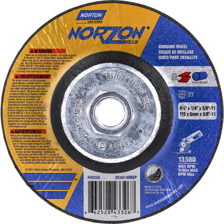 4-1/2 x 1/4" 24-Grit Ceramic Alumina Grinding & Cutoff Wheel - Norton 66252843326