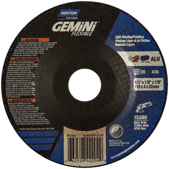 4-1/2 x 1/8" 36-Grit Aluminum Oxide Grinding & Cutoff Wheel - Norton 66252842204
