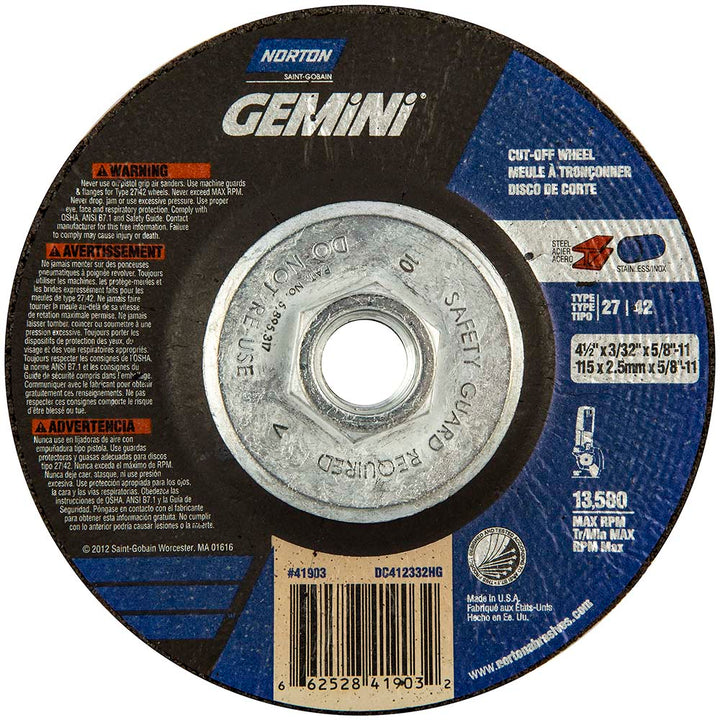4-1/2 x 3/32" 36-Grit Aluminum Oxide Grinding & Cutoff Wheel - Norton 66252841903